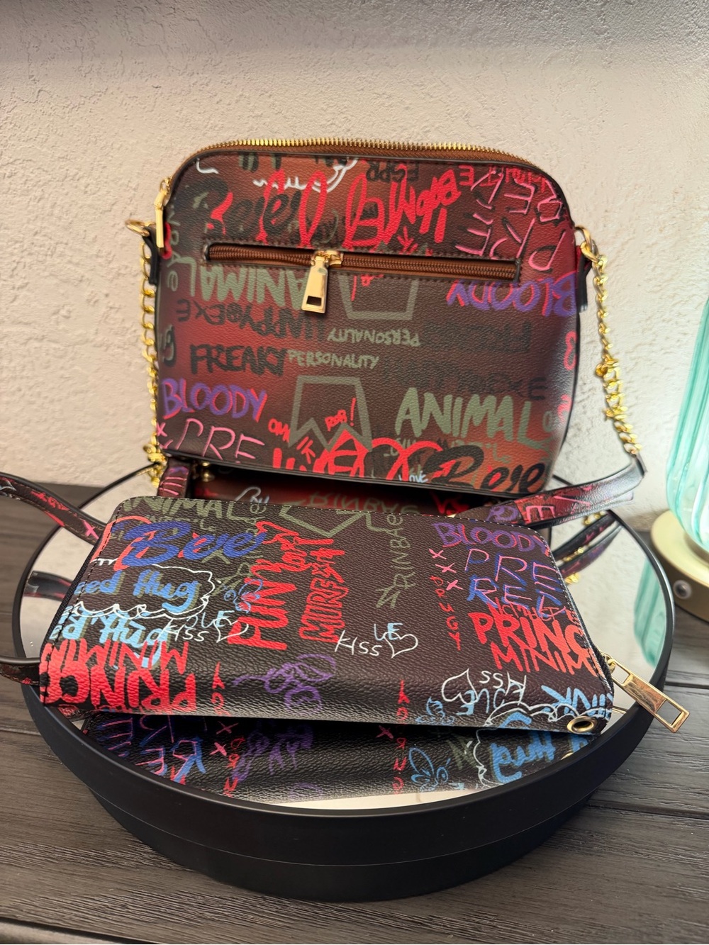 New Graffiti Print Crossbody Bag in Multicolor and Wallet
